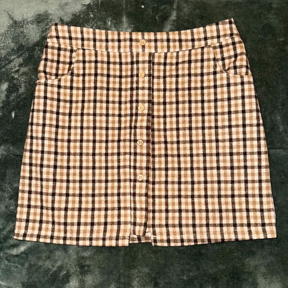 Pol Flannel Mini Skirt Womens Medium Brown Neutral Plaid Wool Classic Pockets